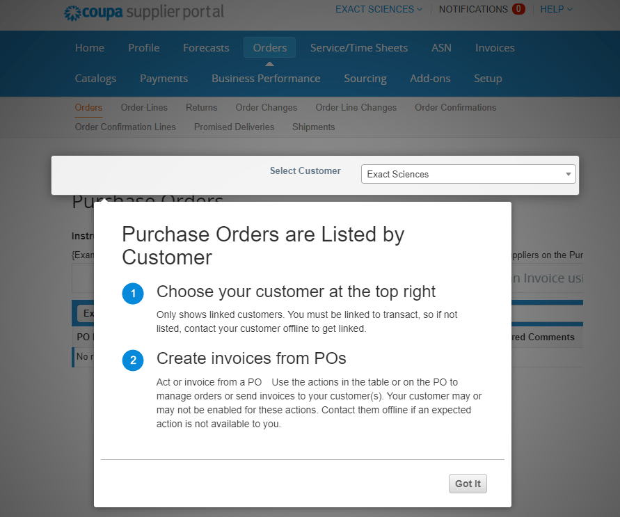 Screenshot of purchase order notification on the Coupa Supplier Portal.